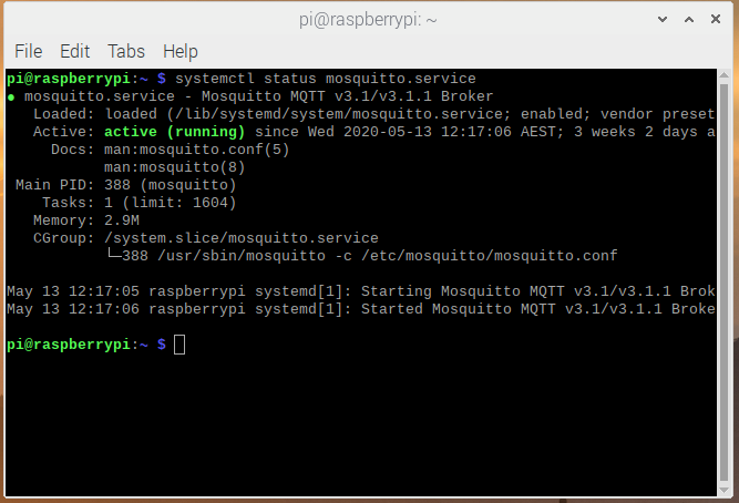 Terminal running systemctl status mosquitto.service